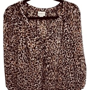 Liz Claiborne Size Large Peasant Style Top Sheer Animal Print 3/4 Sleeve Button